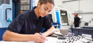 Student working at desk in lab